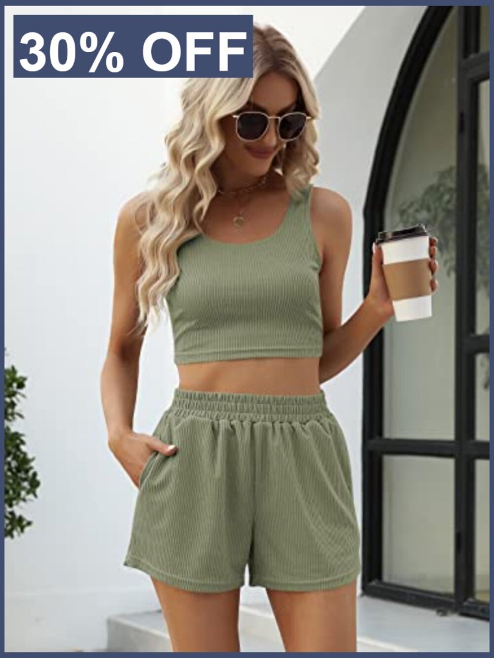 Two Piece Lounge Set Sleeveless Crop Top High Waisted Shorts - Picture 4 of 7